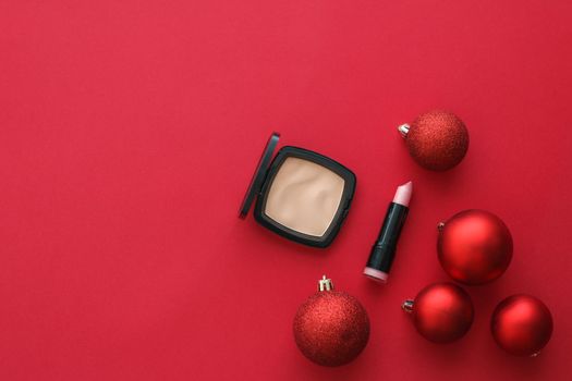 Cosmetic branding, fashion blog cover and girly glamour concept - Make-up and cosmetics product set for beauty brand Christmas sale promotion, luxury red flatlay background as holiday design