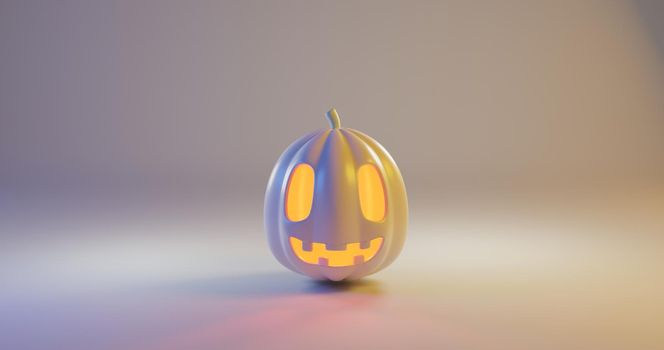 Happy Halloween day. Modern pumpkin ghost with neon lighting pink and blue on a light pastel colors background, celebration happy Halloween event illustration template minimal style, 3d render