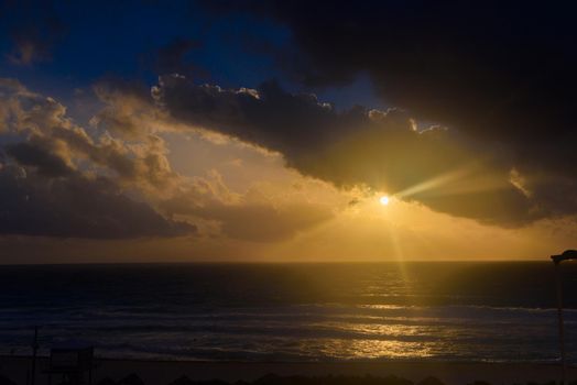 Dawn on the Caribbean Sea. Clear sky with small clouds. Clear weather.