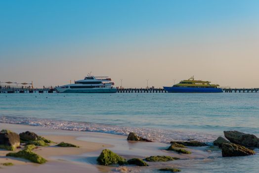 Sea shore on the Caribbean beach in the Area Hoteleria in Cancun Quintana Roo Mexico.