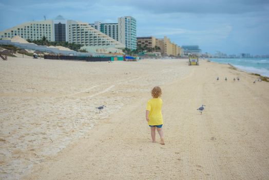 Little boy running along the summer beach with seagulls. Footprints in the sand