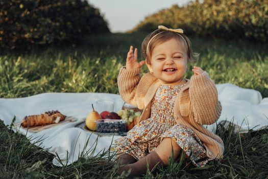 Portrait of Cheerful Little Baby Girl Sitting on Plaid on Picnic Outdoors at Sunset