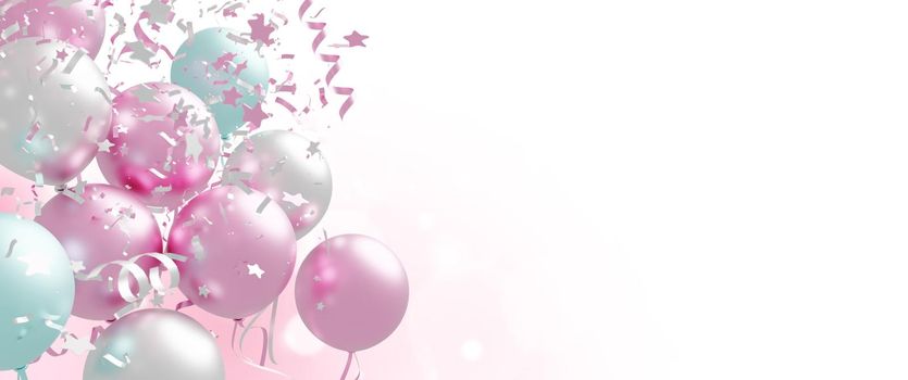 Balloons and foil confetti falling on white background with copy space 3d render