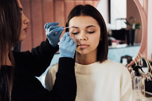 Female Master Combs Eyebrow to Young Woman, Process of Cleaning Procedure at Beauty Salon