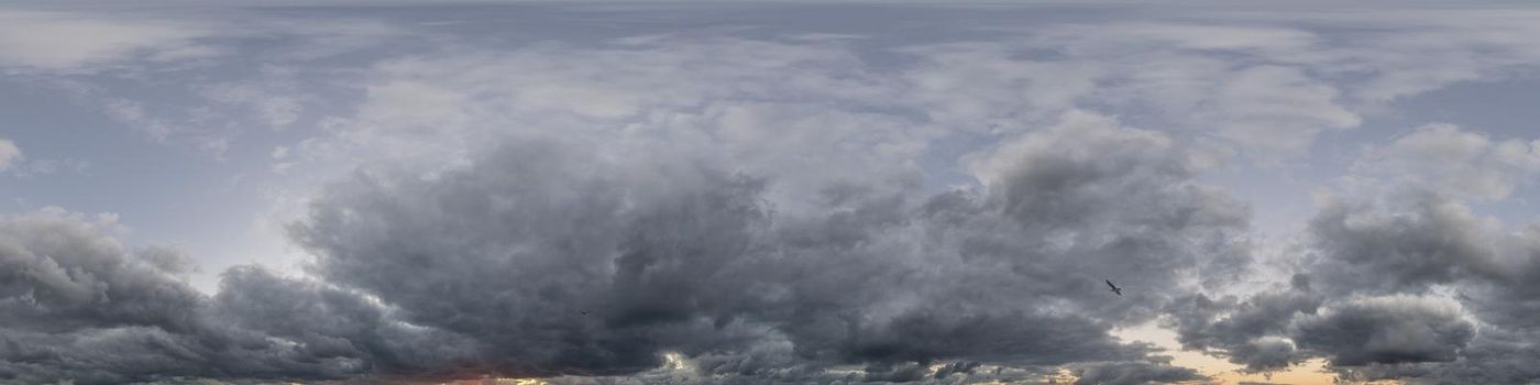Sky panorama on overcast rainy day with low clouds in seamless spherical equirectangular format. Complete zenith for use in 3D graphics, game and for aerial drone 360 degree panorama as a sky dome.