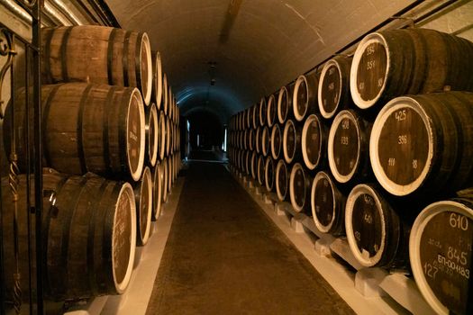 barrels of wine in wine cellars close-up. High quality photo