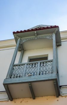 Carving balconies in Old town of Tbilisi cityin sunny summer day