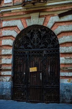 Travel landmark with old door carving in downtown of Tbilisi, Georgia