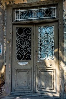 Travel landmark with old door carving in downtown of Tbilisi, Georgia