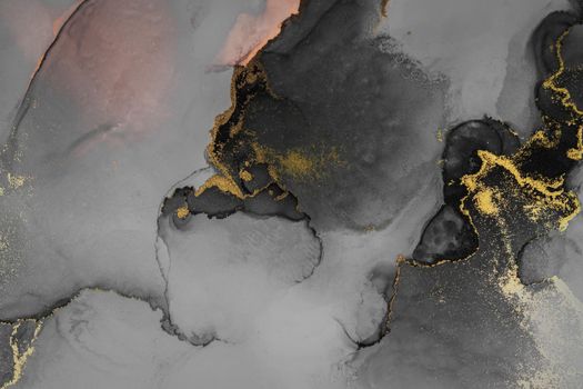 Dark gold abstract background of marble liquid ink art painting on paper . Image of original artwork watercolor alcohol ink paint on high quality paper texture .