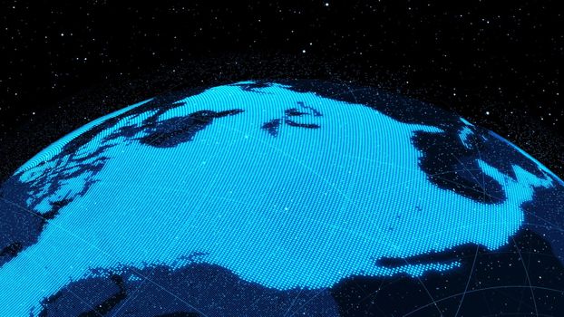 3D Digital orbital earth in cyberspace showing concept of network technology . Hologram of globe sphere graphic connect to internet presents global communication and connection network . 3D render .