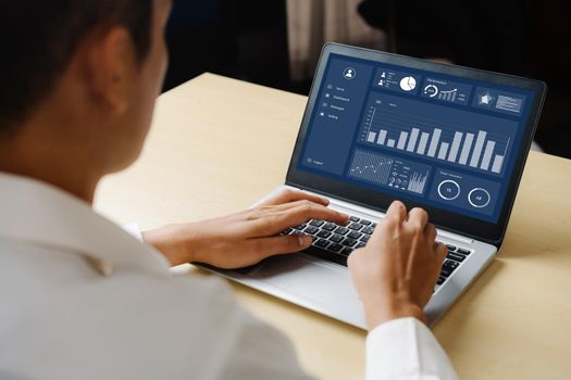 Business data dashboard analysis by ingenious computer software . Investment application display business sales and profit on the computer screen and advise marketing planning decision .