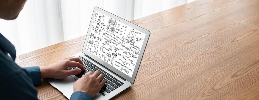 Mathematic equations and modish formula on computer screen showing concept of science and education