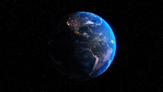 Planet earth with realistic geography surface and orbital 3D cloud atmosphere . Outer space view of world globe sphere of continents . 3D rendering graphic . Elements of this image furnished by NASA .