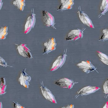 Colorful watercolor feathers pattern. Ethnic hand drawn motif for wrapping, wallpaper, fabric, cards