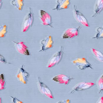 Colorful watercolor feathers pattern. Ethnic hand drawn motif for wrapping, wallpaper, fabric, cards