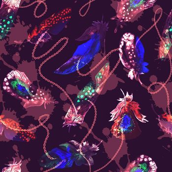 Colorful watercolor feathers pattern. Ethnic hand drawn motif for wrapping, wallpaper, fabric, cards