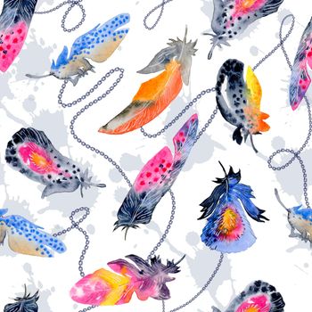 Colorful watercolor feathers pattern. Ethnic hand drawn motif for wrapping, wallpaper, fabric, cards