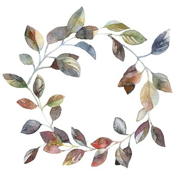 Watercolor illustration of leaves wreath - decorative round frame for design, artistic painting