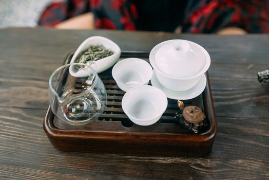 Tea set for matcha on wooden table