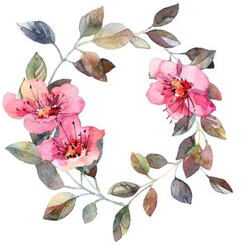 Watercolor illustration of pink flowers and leaves wreath - decorative frame for design, artistic painting