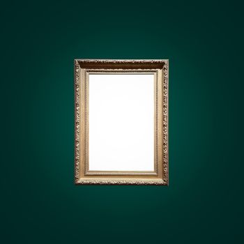 Antique art fair gallery frame on royal green wall at auction house or museum exhibition, blank template with empty white copyspace for mockup design, artwork concept