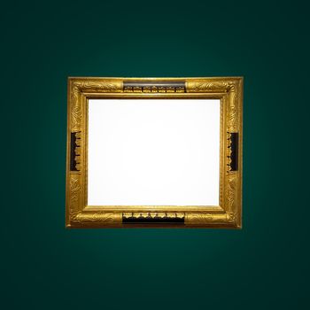 Antique art fair gallery frame on royal green wall at auction house or museum exhibition, blank template with empty white copyspace for mockup design, artwork concept