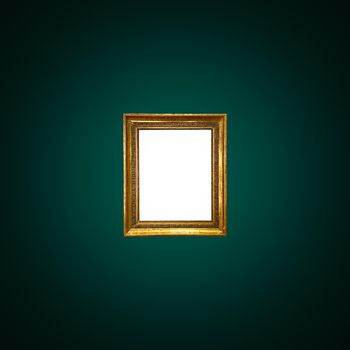 Antique art fair gallery frame on royal green wall at auction house or museum exhibition, blank template with empty white copyspace for mockup design, artwork concept