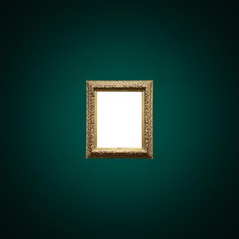 Antique art fair gallery frame on royal green wall at auction house or museum exhibition, blank template with empty white copyspace for mockup design, artwork concept