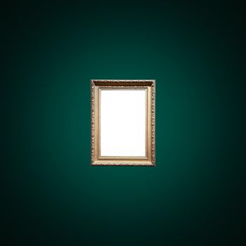 Antique art fair gallery frame on royal green wall at auction house or museum exhibition, blank template with empty white copyspace for mockup design, artwork concept