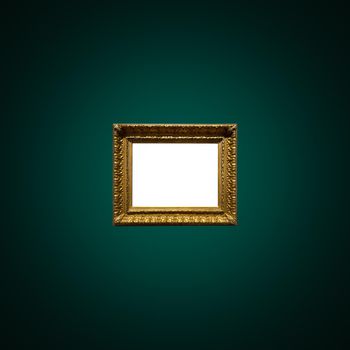 Antique art fair gallery frame on royal green wall at auction house or museum exhibition, blank template with empty white copyspace for mockup design, artwork concept