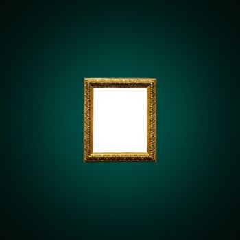 Antique art fair gallery frame on royal green wall at auction house or museum exhibition, blank template with empty white copyspace for mockup design, artwork concept