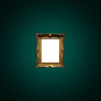 Antique art fair gallery frame on royal green wall at auction house or museum exhibition, blank template with empty white copyspace for mockup design, artwork concept