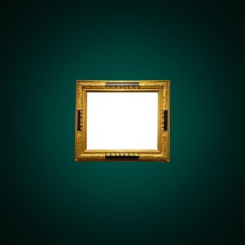 Antique art fair gallery frame on royal green wall at auction house or museum exhibition, blank template with empty white copyspace for mockup design, artwork concept