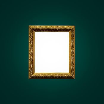 Antique art fair gallery frame on royal green wall at auction house or museum exhibition, blank template with empty white copyspace for mockup design, artwork concept