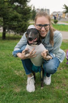 Happy woman walking with bull terrier in park