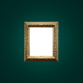 Antique art fair gallery frame on royal green wall at auction house or museum exhibition, blank template with empty white copyspace for mockup design, artwork concept