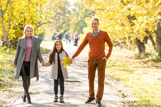 Picture of lovely family in autumn park, young parents with nice adorable kid playing outdoors, have fun on backyard in fall, happy family enjoy autumnal nature.