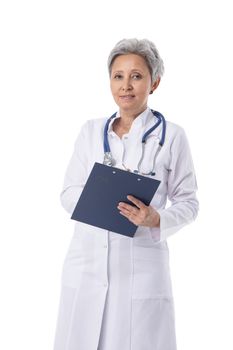 Asian mature female medical doctor with stethoscope taking notes holding document folder isolated on white background