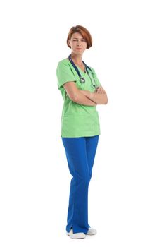 Nurse doctor woman looking suspiciously with stethoscope stand with arms folded, wear surgery medical suit. Isolated on white background