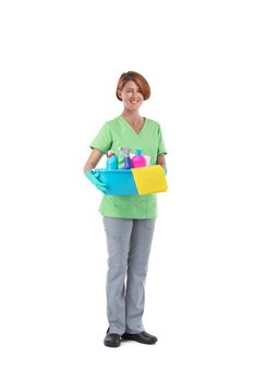 Professional cleaner woman with detergent spray container isolated on white background, full length portrait