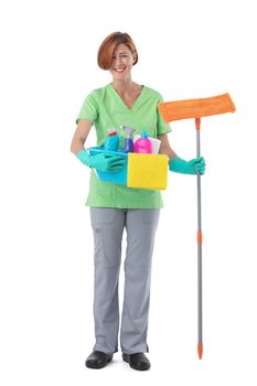 Professional cleaner woman with mop and detergent spray container isolated on white background, full length portrait