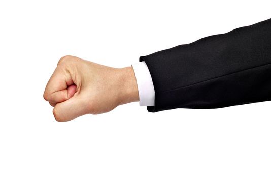 close up of a businessman hand raised fist on white background