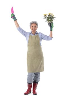 Gardening concept. Mature asian woman gardener worker with flowers in pot and scoop isolated on white background, full length portrait