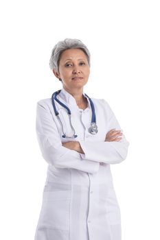 Mature asian doctor standing with folded arms isolated on white background