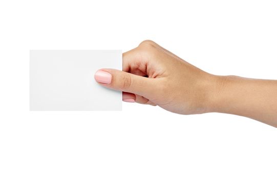 close up of a female hand holding blank note card sign on white background