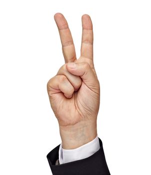 close up of a hand making v sign victory white background