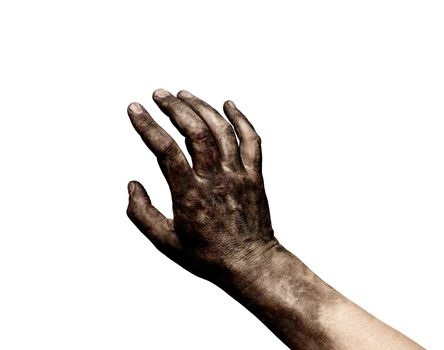 close up of a dirty worker hand help begging on white background