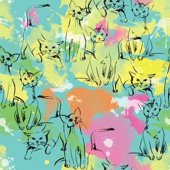 Seamless summer pattern with cat. Template for poster, textile, wrapping paper, wallpaper