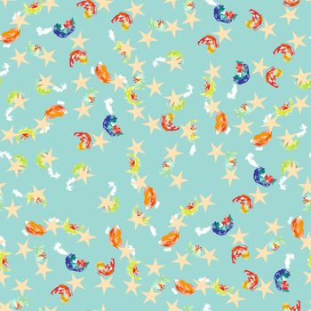 Seamless pattern with colorful brush painted and splaters and stars